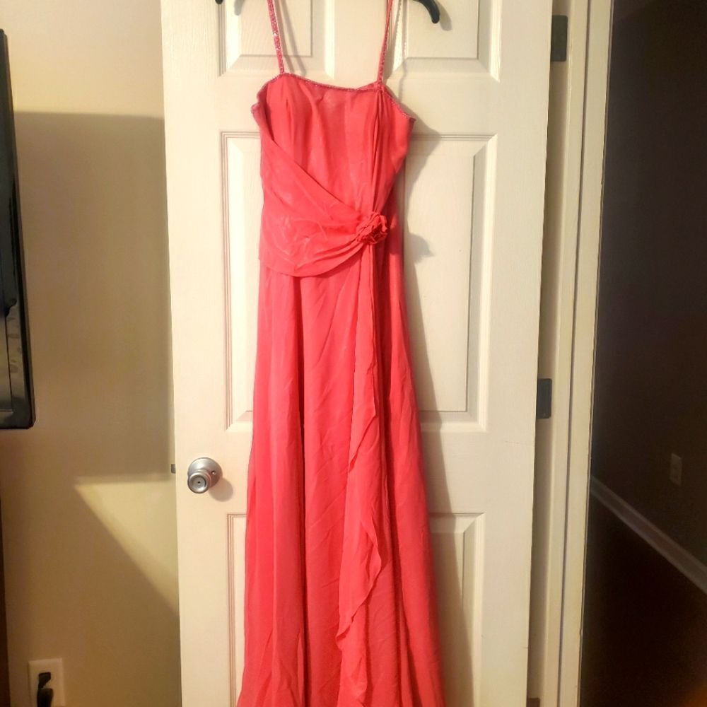 Coral Pink Spaghetti-Strap Prom Gown with Draped Rosette Waist
